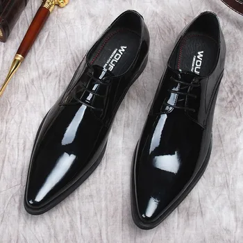 Обувки дантела, Италиански мъжки модел обувки от естествена кожа, черни oxfords, мъжки обувки за сватба, Вечерни Официални обувки цели намаляване за мъже