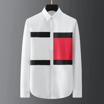 Памучен мъжки ризи луксозен геометрични контрастен цвят с дълъг ръкав, мъжки ризи Four Seasons Slim Fit, ежедневни мъжки ризи 3XL
