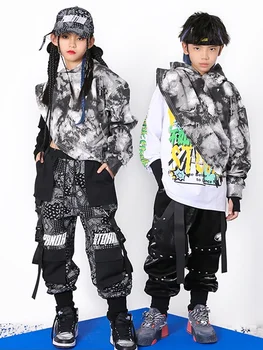 Панталони-карго за момичета и момчета, дрехи за изказвания в стил хип-хоп, нов модерен танцов костюм в стил хип-хоп за деца, Сив топ с вратовръзка, черен