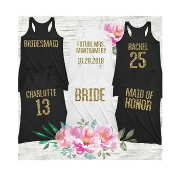 Персонални сватба тениски за булката с номер и име на гърба, върхове за моминско парти, сувенири за сватбени партита