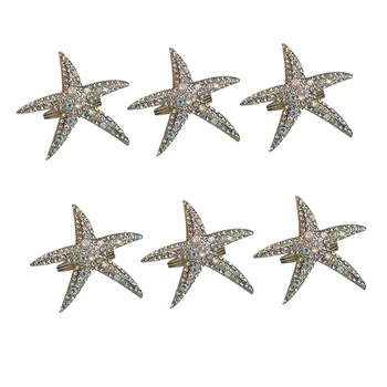 Пръстени за салфетки с кристални морски звезди - комплект от 6 пръстени за салфетки с кристали на брега на океана, обтегач за салфетки за сватба в търговията на дребно