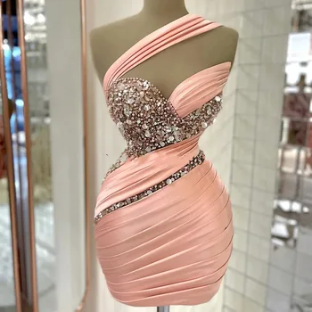 Розова рокля за бала, без ръкави, С складкой на едно рамо, расшитое пайети, Във петно над коляното, секси мини пола, вечерна рокля за специален дейности 2024 г.