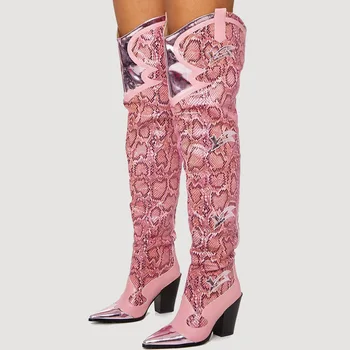 Секси каубойски ботуши в стил Уестърн с розова змия На дебелите обувки, модни ботуши над коляното, дамски ботуши голям размер на 35 и 43