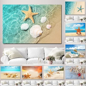 Синята морска звезда на плажа, стенни картини, морски пейзаж, вълна, пейзажные картини, плакати и щампи за всекидневна декор