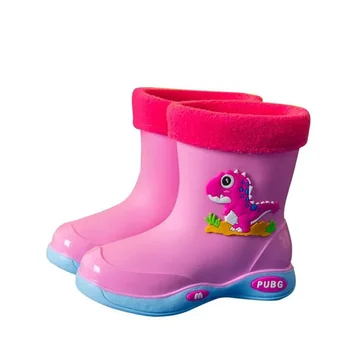 Сладки непромокаеми ботуши, детски гумени дождевики с динозавром от PVC, водоустойчиви обувки за малки момичета, водоустойчив обувки за момчета с подвижна кадифе