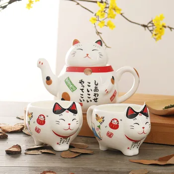 Сладко Японски Порцелан Чай Лъки Cat Creative Maneki Neko Керамични Чаена Чаша кана с Цедка Стара Plutus Cat Teapot Чаша