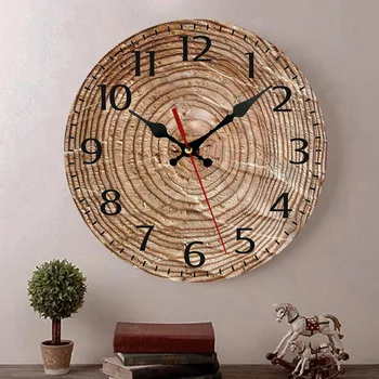 Стари Дървени стенни часовници 12 инча, Ретро Обикновено Кръгли Домашни Часовници за всекидневна, Декорация на стените домашен офис с дървени карфами
