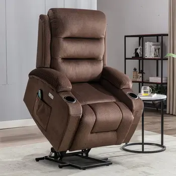 Стол с электроподъемником, електрически подемни стол с подгряване и масаж, кафяво кадифе плат, 4 джоба и 2 поставки за чаши след