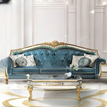 Текстилен диван в европейски стил, луксозен френски стил, масивна дървена резба, голяма вила, хол, мивка, разтегателен 123 комбинация