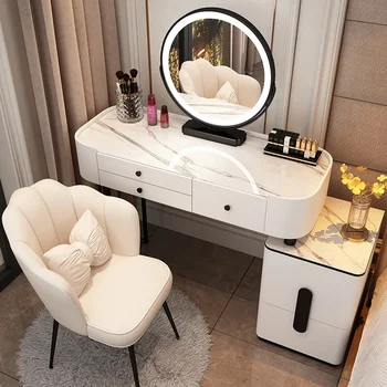 Тоалетка с огледало в Скандинавски стил, Бяло бюро, Големи кутии за спални, Луксозни осветителни тела, Тоалетка, Огледало, Тоалетна баня, мебели за шкафа