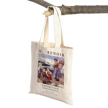 Фигуративная чанта-тоут в стила на импресионизма Огюст Реноар, модни и ежедневни дамски чанта за пазаруване в ретро стил, двустранни дамски чанти за пазаруване