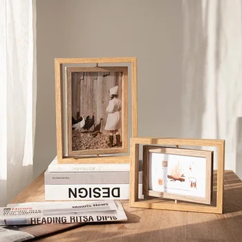 Фоторамка за дневна в скандинавски стил, творчески двустранен въртяща се дървена рамка за снимки, просто подарък за украса на дома с различни размери