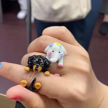 Цветни мультяшные Откриващи пръстени за кучета-на слонове за жени, мъже, сладък животни, Метални Геометрични пръстени, Мода двойка Бижута, Подаръци