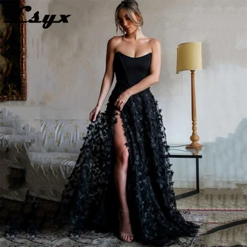 Черни вечерни рокли, без презрамки, с флорални апликации, Фатиновые рокли трапецовидна форма с цепка отстрани, дължина до пода, vestidos de gala mujer
